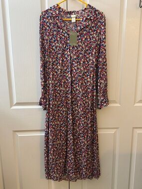 H&M Long-Sleeve collared long Floral Dress in Red, Blue, White and yellow